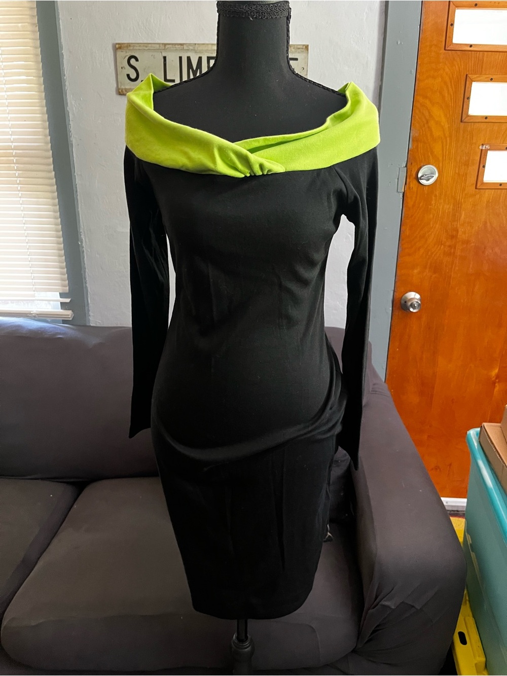 Avon Black Long Sleeve Dress with Lime Green Off-Shoulder Trim